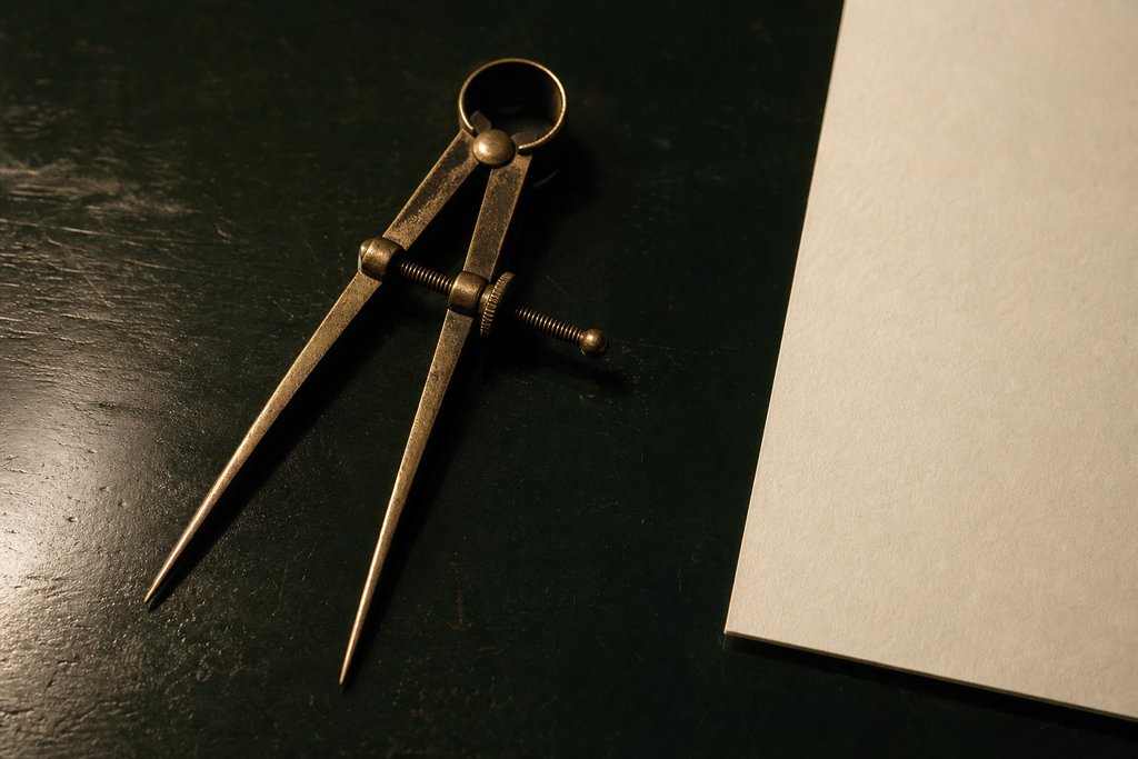 Geöffneter Messingzirkel auf dunkelgrünem Lack neben einem leeren Blatt schweren Papiers