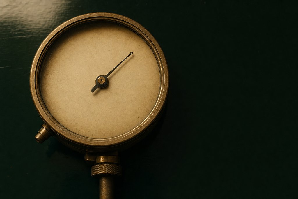 Zifferblatt eines alten Messinstruments aus Messing mit unbeschrifteter Skala auf dunkelgrünem Lack