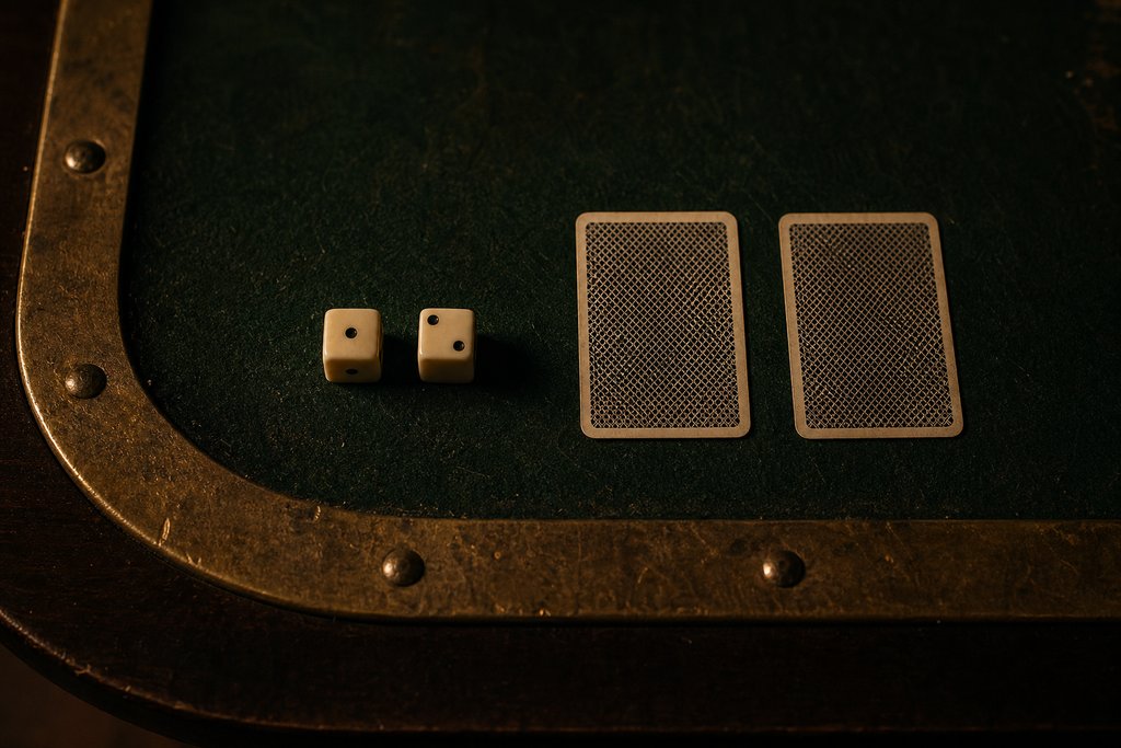 Aufsicht auf die messingbeschlagene Ecke eines alten Spieltisches mit zwei Würfeln und zwei verdeckten Karten