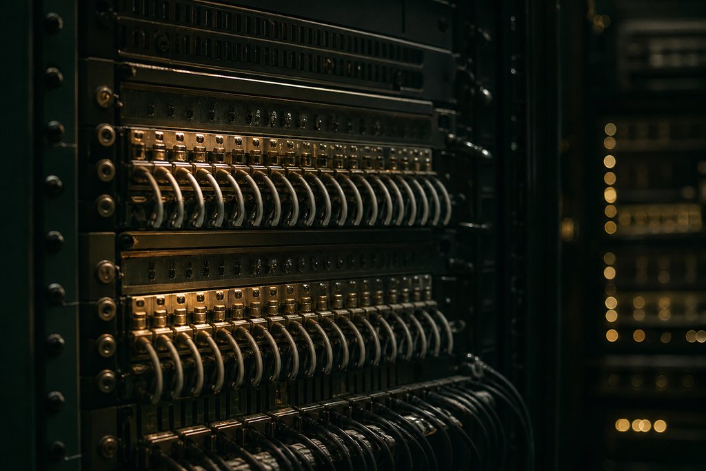 Front eines Serverschranks in einem abgedunkelten Maschinenraum mit parallel verlegten Patchkabeln