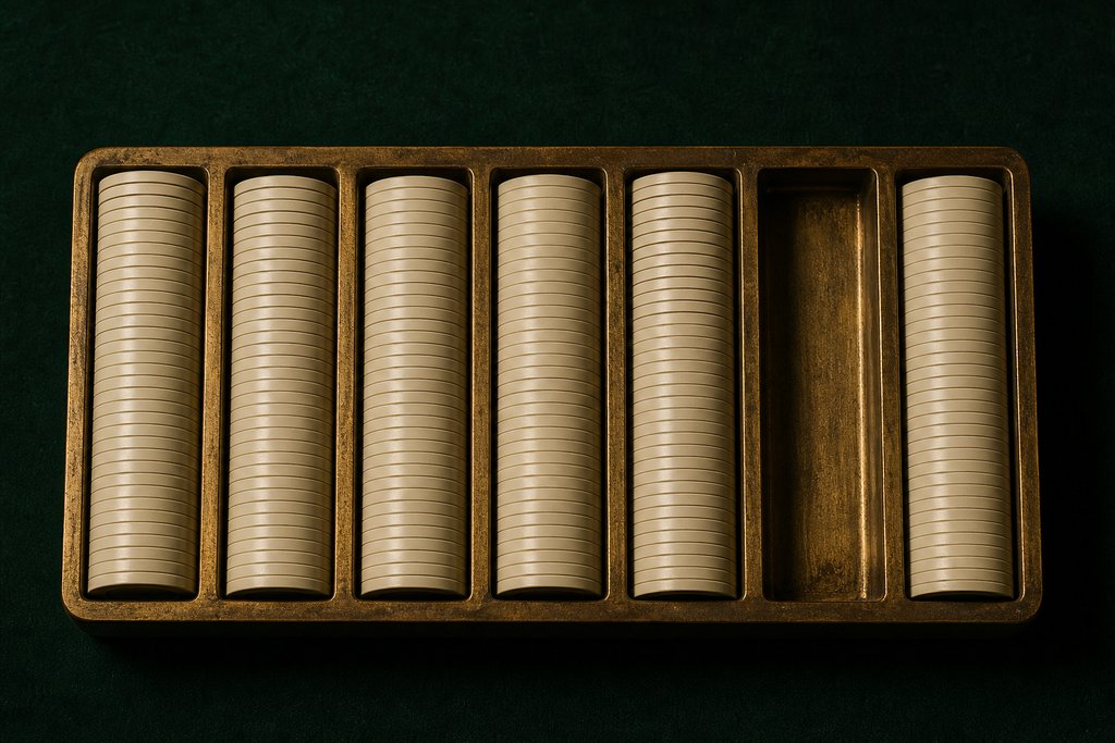 Aufsicht auf einen Messing-Chiprack auf dunkelgrünem Filz mit Reihen unbedruckter Chips, ein Fach leer